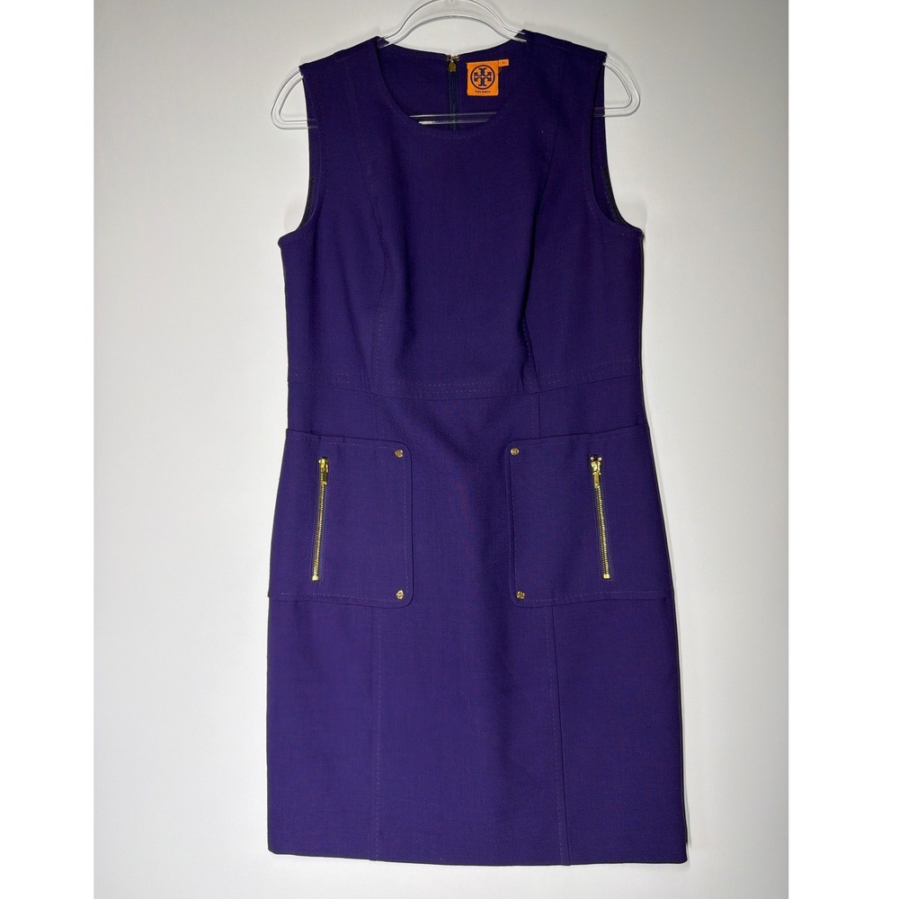 Tory Burch Petra Purple Sleeveless Sheath Dress Wool Blend Gold Hardware Size 12 - Picture 4 of 14